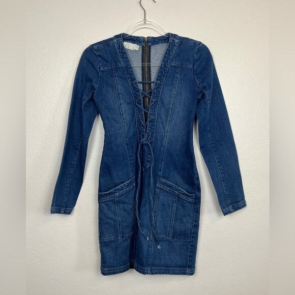 The Jetset Diaries Revolve Rare Tash Lace up Front Long Sleeve Denim Dress XS - Picture 2 of 6
